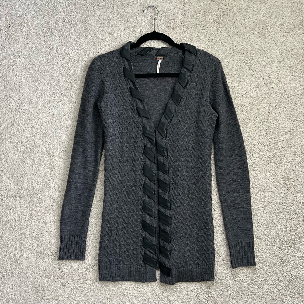 Free People Charcoal Cardigan with Leather Ribbon Trim